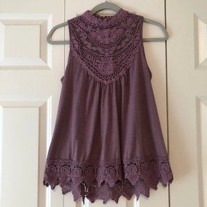Purple High Neck Tank with Lace Detailing
